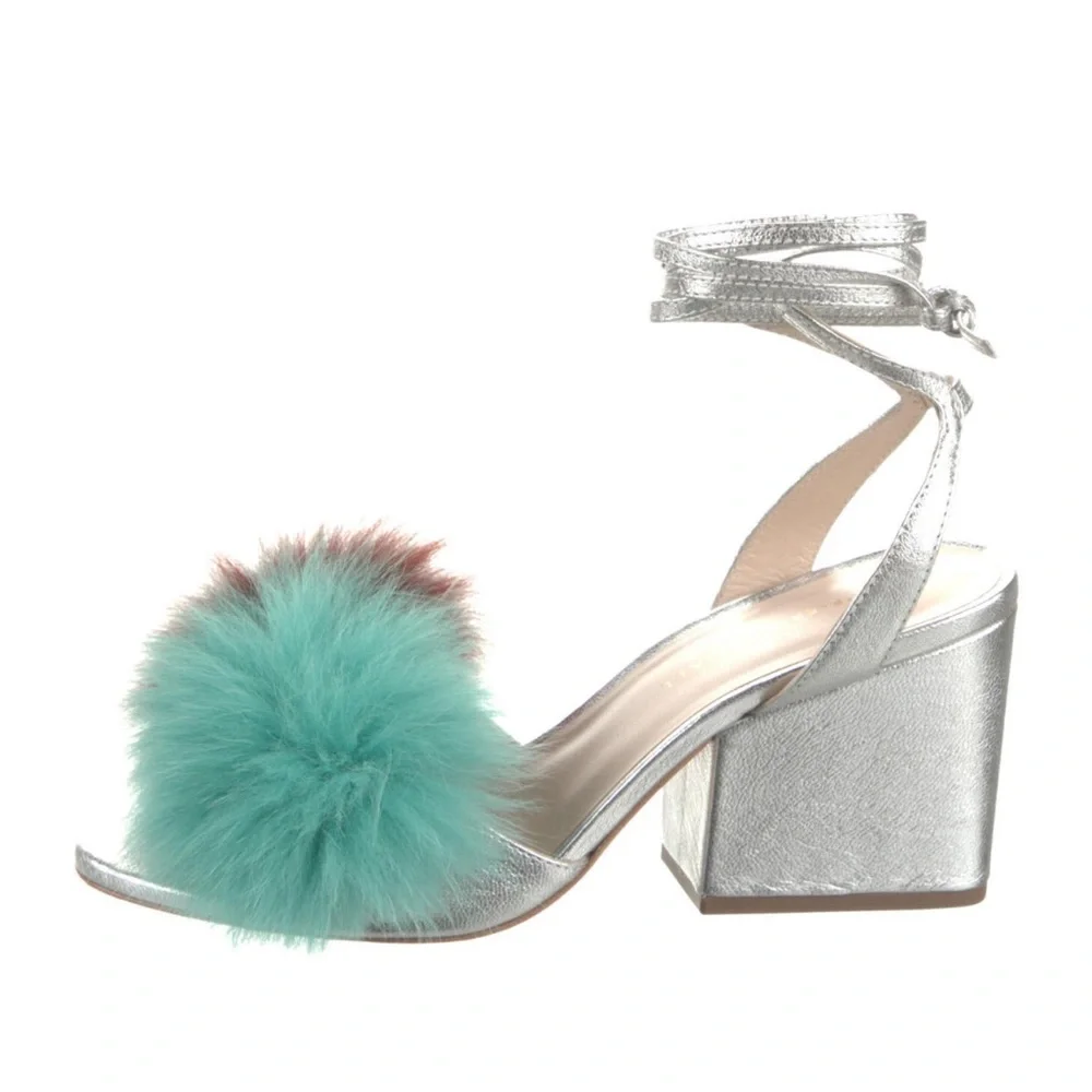 $495 NEW Loeffler Randall Nicky fur pom pom fur silver leather chunky heel 7 7.5 - Picture 6 of 10